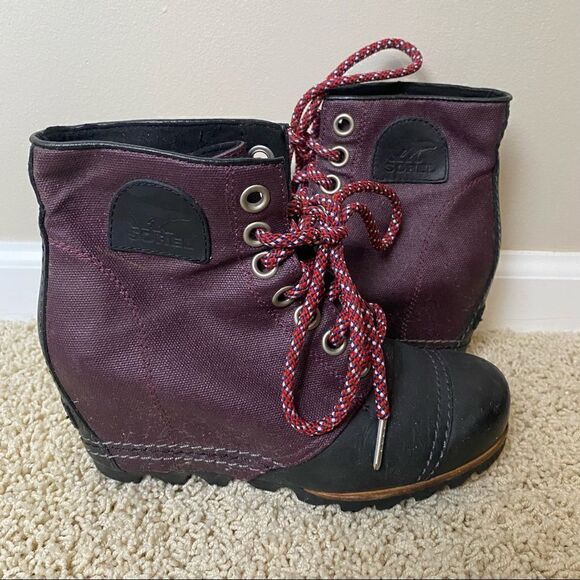 Sorel PDX Lace up Wedge Lexie Wedge Maroon Black Leather Canvas 6.5 - Picture 1 of 6